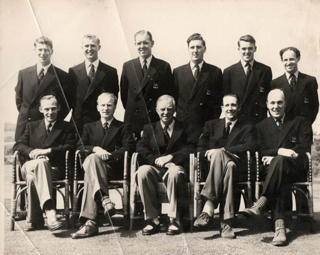 1957 GB&I Walker Cup Team with Michael Bonallack, second from left (top), and JB Carr second from right, (bottom).